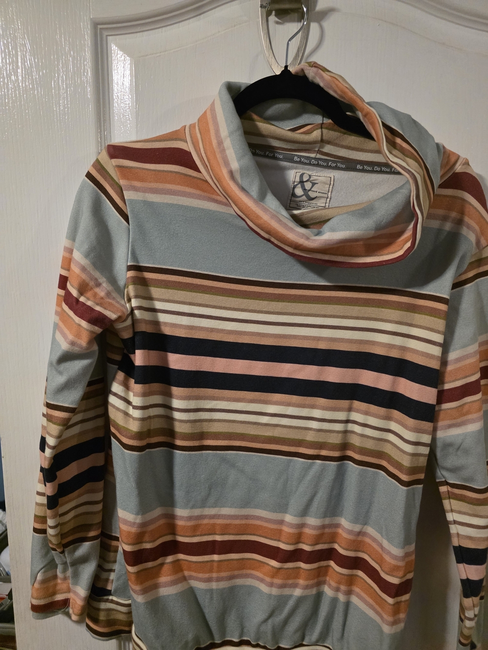 AMPERSAND AVE Striped Cowl Neck Top in Sage, Peach, Navy & Cream